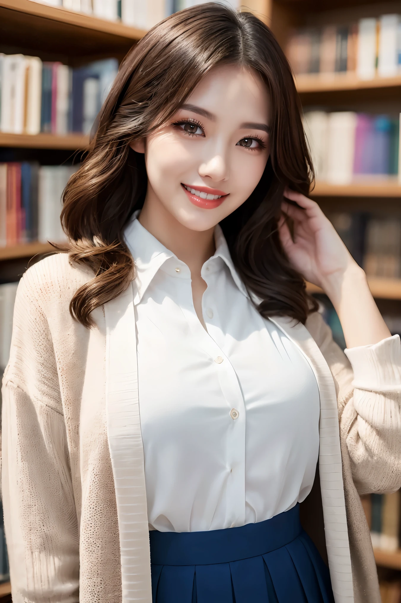 ((highest quality、Tabletop、8k、Best image quality))、One high school girl、(The perfect long open cardigan:1.3)、(white shirt with polyester collar:1.3)、Navy Pleated Skirt、The happiest and best smile、Smiling widely and showing off beautiful teeth、Look at me、Beautiful and elegant very long wavy hair、Brown blonde、I'm in the library、(standing elegantly:1.1)、Stand next to a bookshelf、(A perfectly organized and orderly bookshelf:1.1)、Bookshelf in the background、A cozy library、lipstick、Long eyelashes、Heavy makeup、Perfect Makeup、Color Contact Lenses、Accentuate your body lines、Big ample breasts、Soft and warm lighting、Detailed bookshelf、(Ultra-high definition, accurate, beautiful hair:1.1)、(Accurate anatomy:1.2)