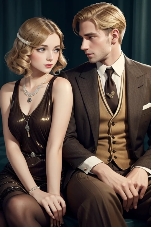Brown-haired woman and blonde-haired man as a 1920s couple