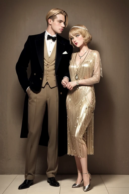 Brown-haired woman and blonde-haired man as a 1920s couple