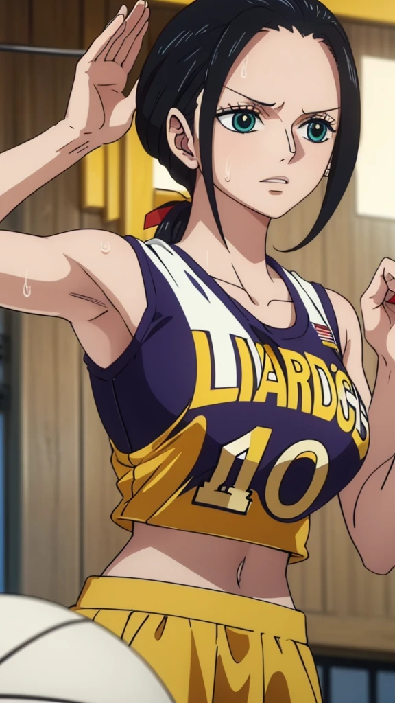 a close up of a person wearing a basketball uniform, a picture, inspired by Afrobull artist, trending on pixiv, Boa Hancock, One Piece, wearing yellow nba jersey, yellow croptop nba jersey, wearing a low cut croptop, wearing croptop, croptop, the word "Lakers" on the croptop, golden raito, (winking), shirobako, large)}], favorite scene, fine details. anime. skins, sweating, big breasts, both hands raised, armpits, armpits visible, dripping with sweat, more more sweat, sweaty armpits