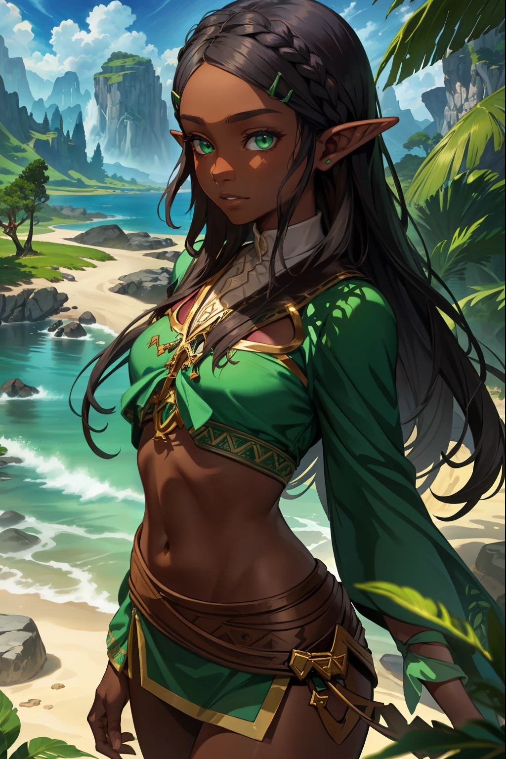 aazelda, long hair, pointy ears, dark skin, Green eyes, (extremely detailed CG unity 4k wallpaper),(masterpiece),(best quality),(ultra-detailed),(best illustration),(best shadow),(absurdres),(detailed background), Tropical island, Native girl, Black hair, Tribal outfit, 