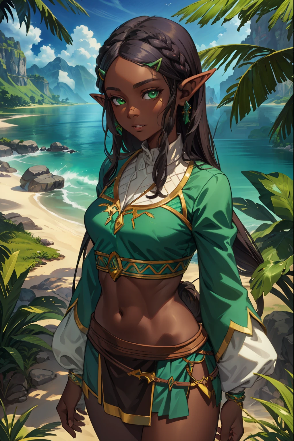 aazelda, long hair, pointy ears, dark skin, Green eyes, (extremely detailed CG unity 4k wallpaper),(masterpiece),(best quality),(ultra-detailed),(best illustration),(best shadow),(absurdres),(detailed background), Tropical island, Native girl, Black hair, Tribal outfit, 