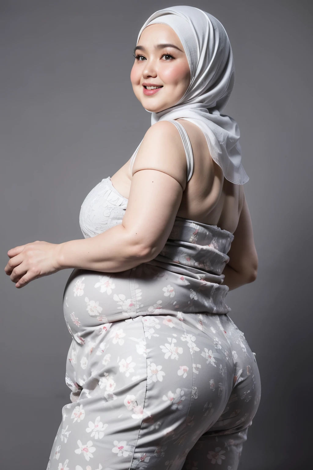 CHUBBY, ((CHUBBY:1.8)), (Happy smile), (((HIJAB MALAY GIRL))), masutepiece, High quality, UHD 32K, Realistic face, Realistic skin feeling , A Japanese Lady, 58 years old matured lady, , Very cute and baby-like face, (((FLAT CHEST))), (Night time at forest), ((look In front at the camera and SADNESS)), (((WHITE FLUORESCENT))), (((CUTE GIRL))), ((LIGHT GREY FLUORESCENT LIPS)), ((Floral Pattern)) little ((wearing strapless bra)), strapless colorful bra, dark night background , black forest night, horror scary place, (from behind up) seductive pose, naked naked