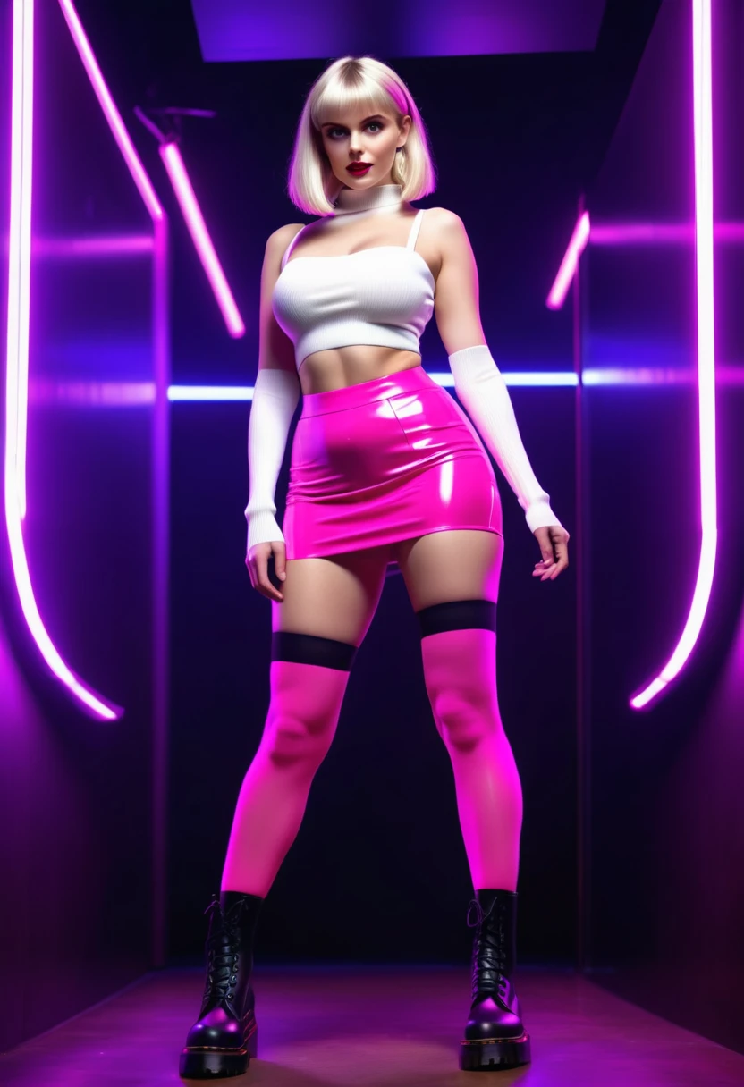 (full body photo:1.3), solo, (from below)1.2, (stylish bob haircut) (huge natural breasts)1.3, (futuristic, nightclub, neon light), (standing pose), (black tights and white wool socks)1.3, (pink tube-top) (purple tight mini skirt)1.2, (black tights and white wool socks)1.3 (Dr Martens boots)1.2, (wide hips, curvy, (thick thighs) (muscular legs))1.2, intricate detail, ((random ethnicity from Europe and America) amazing hot female)1.2 posh, (environmental portrait), perfect eyes, looking at viewer