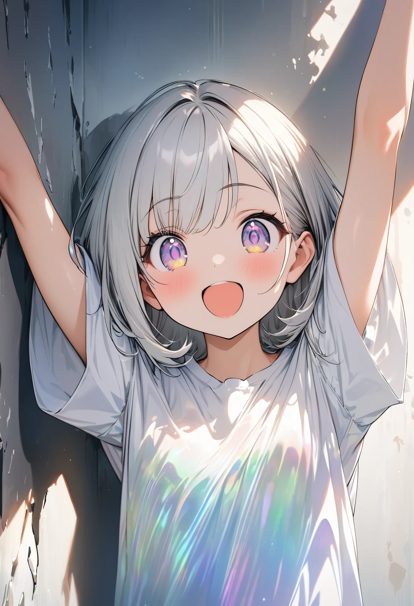 upper body, best quality, super fine, 16k, incredibly absurdres, extremely detailed, cute round-faced beauty, dazzling expression in the sunlight, excited look, half-open mouth, stretch your arms up, leaning against a wall, background iridescent white plaster walls
