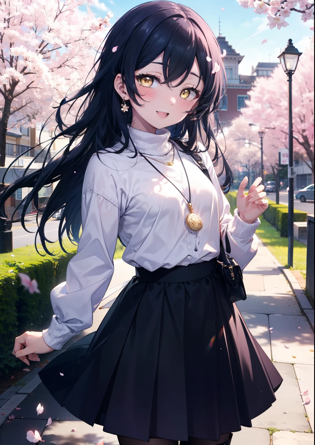 You are so kind, umi sonoda, Long Hair, Blue Hair, (Yellow Eyes:1.5) (Flat Chest:1.2),happy smile, smile, Open your mouth,Rocket Pendant,
sweater,Long skirt,Mini Boots,Cherry blossoms are blooming,Cherry blossoms are scattered,Cherry blossom tree-lined path,happy smile, smile, Open your mouth,So that the whole body goes into the illustration,smile,blush, break looking at viewer, (Cowboy Shot:1. 5) break outdoors, School School building, break (masterpiece:1.2), highest quality, High resolution, unity 8k wallpaper, (figure:0.8), (Detailed and beautiful eyes:1.6), Highly detailed face, Perfect lighting, Extremely detailed CG, (Perfect hands, Perfect Anatomy),