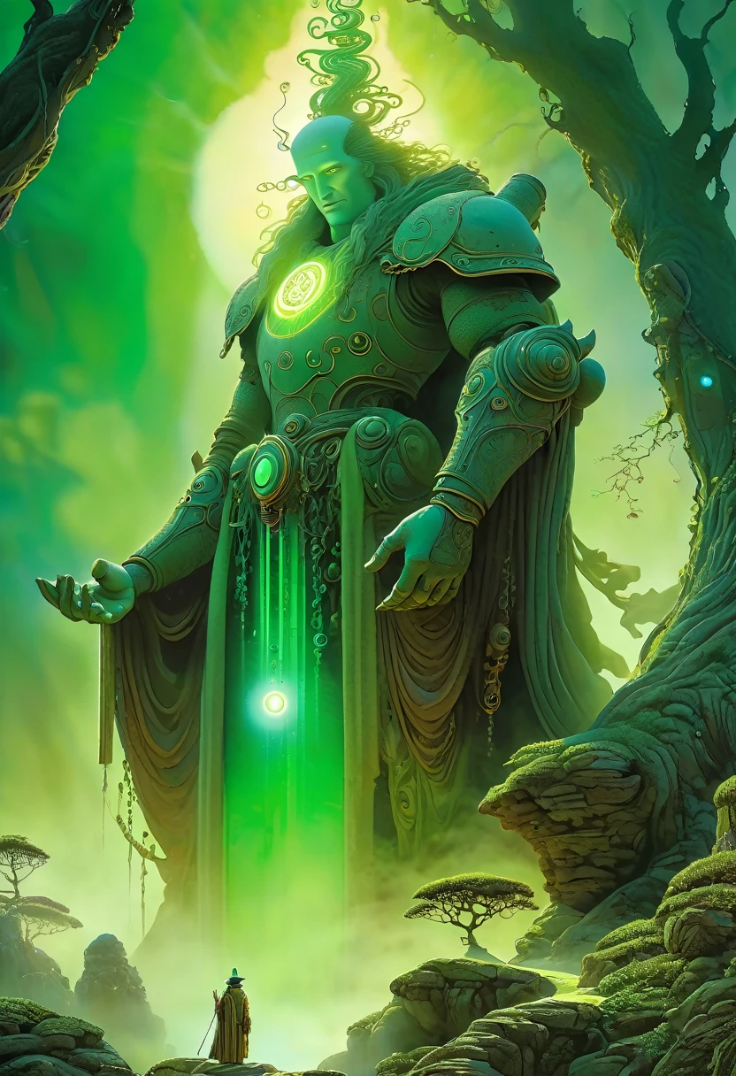 (best quality,4k,8k,highres,masterpiece:1.2),ultra-detailed,(realistic,photorealistic,photo-realistic:1.37),golem, made of vegetal, alchemy, hermeticism,ancient,weathered stone,meticulously carved,tangled vines,dark forest,small magical creatures,dappled sunlight,shadows and light,subtle gradients,rich earthy colors,concept art inspired by Jean Giraud Moebius,ethereal glow,elaborate inscriptions,symbols of mystery and alchemy,mystical fog,solemn expression,eyes glowing with green light,steampunk accents,gear-shaped designs,magic emanating from its core,protective guardian,imposing stature,ominous aura,secrets of the universe,harnessing the power of nature,ancient wisdom emerging from nature's embrace,transcendence of life and death,magical aura radiating from within., Yoshitaka Amano style