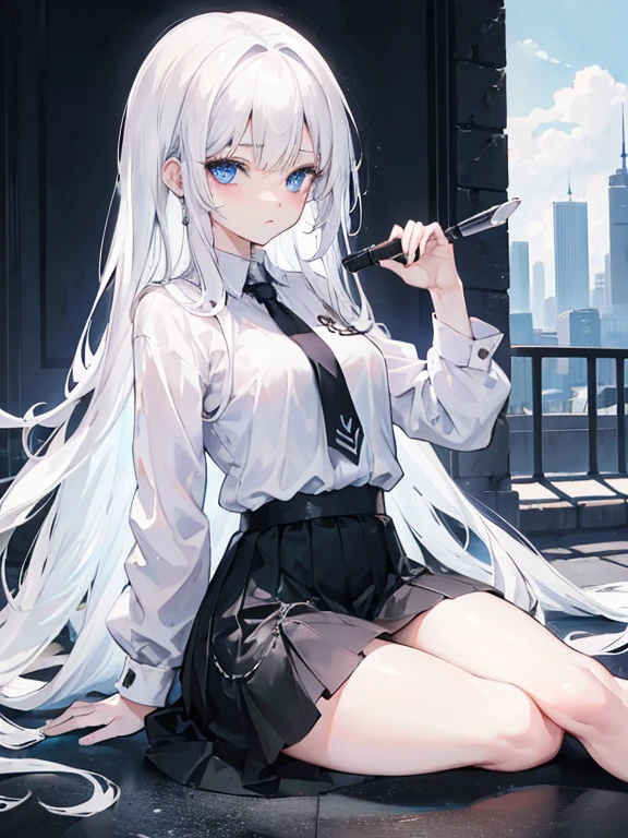 1girl, long white hair, blue eyes, black skirt, looking at viewer, ultrasharp, 8k, masterpiece, absurbres, wearing plain white shirt, city, sitting, dick in pussy, ahegao