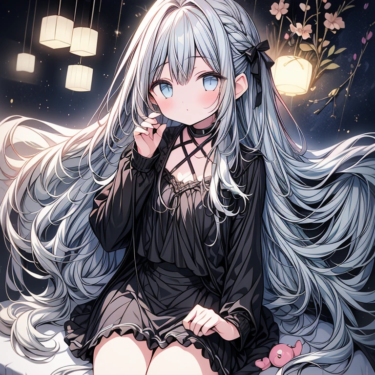 Masterpiece, best quality, extremely detailed, (illustration, official art: 1.1), ((((1 girl)))), ((light blue long hair))), light blue hair, 10 years old, ((blush)), cute face, big eyes, tareme, masterpiece, best quality, (a very delicate and beautiful girl)))), amazing, beautiful detailed eyes, blunt bangs (((little delicate girl)))), tareme (true beautiful: 1.2), small Girl,(best quality, 8k, high resolution, masterpiece:1.2), ultra-detailed, sharp facial features, black shirt, black mini skirt, sitting on a cushioned chair, crossing legs, close-up view, anime style, tsundere personality, living room background with extreme detail