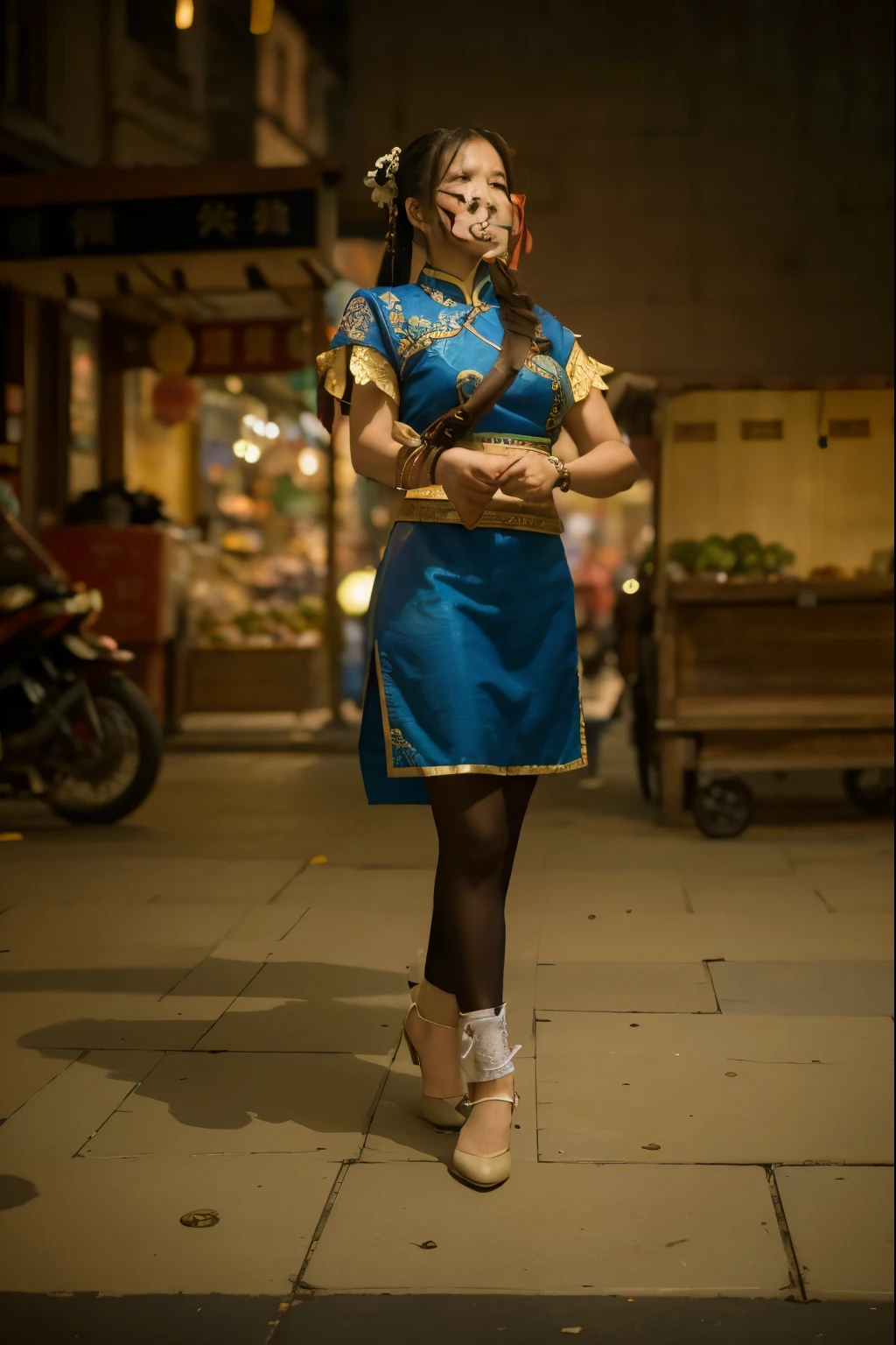 (Best quality, 8k, 32k, Masterpiece, UHD:1.2) Transform the scene into the bustling Shopping District of Taiping Road, Chun-Li's iconic stage from the Street Fighter series. Picture a lively street lined with colorful storefronts, adorned with vibrant signs and banners. Capture the energy of the crowd as shoppers bustle about, browsing through the eclectic array of shops and vendors. Incorporate elements of traditional Chinese architecture, with ornate rooftops and decorative lanterns adding to the vibrant atmosphere. Infuse the scene with the sounds of street vendors hawking their wares and the chatter of passersby, bringing Chun-Li's stage to life in all its bustling glory.