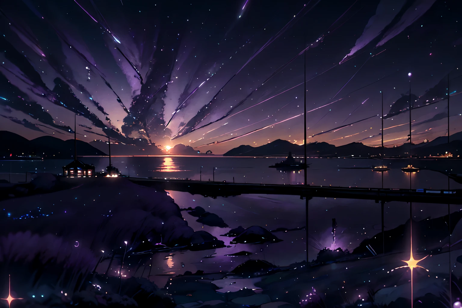 Painting of a sunset over a body of water, Space Sky. by makoto shinkai, Colorful night sky, dream scenery art, Makoto Shinkai and Tom Bagshaw, Ross Tran. Landscape Background, tom kinkade, Twinkling Star, anime. by makoto shinkai, Breathtaking digital art, Purple sky in moonlight 