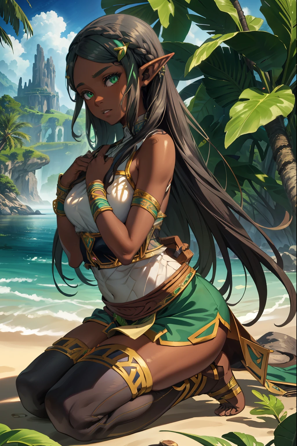 aazelda, long hair, pointy ears, dark skin, Green eyes, Seiza, (extremely detailed CG unity 4k wallpaper),(masterpiece),(best quality),(ultra-detailed),(best illustration),(best shadow),(absurdres),(detailed background), Tropical island, Native girl, Black hair, Tribal outfit, 