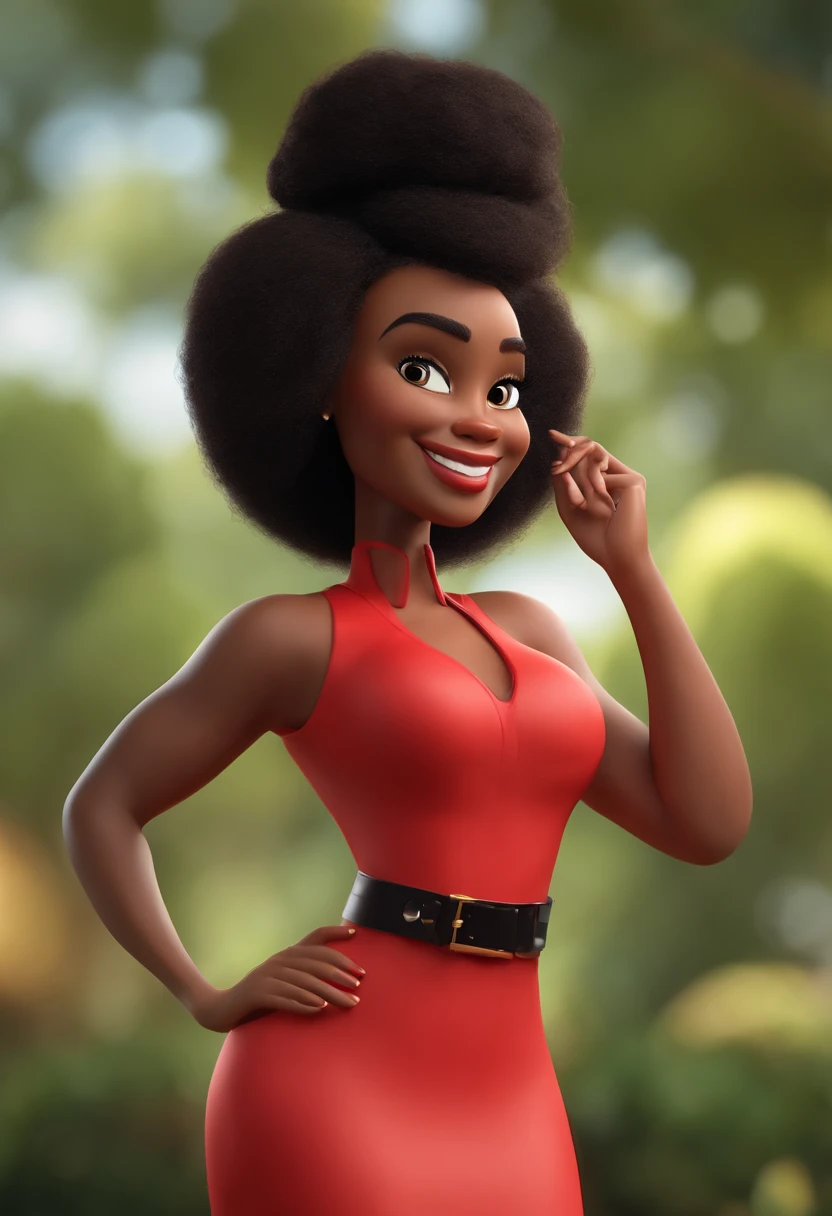 personagem dos desenhos animados de uma mulher com cabelos afro preto curto, magra,com um grande sorriso,with a red dress, nariz pequeno e fino, pouco peito animation character, Caractere estilizado, animation style rendering, 3D estilizado, Arnold Maya render, 3 d render stylized, toon render keyshot, Personagem 3D, Personagem 3D, 3d rendering stylized, 3 d character render, personagem de desenho animado, Personagem de close up, Pose de personagem, (Estilo Pixar) (master part:1.2) (Bokeh) (best quality) (pele detalhada) (textura detalhada) (8k) (argila) (Cinematic lighting) (sharp focus