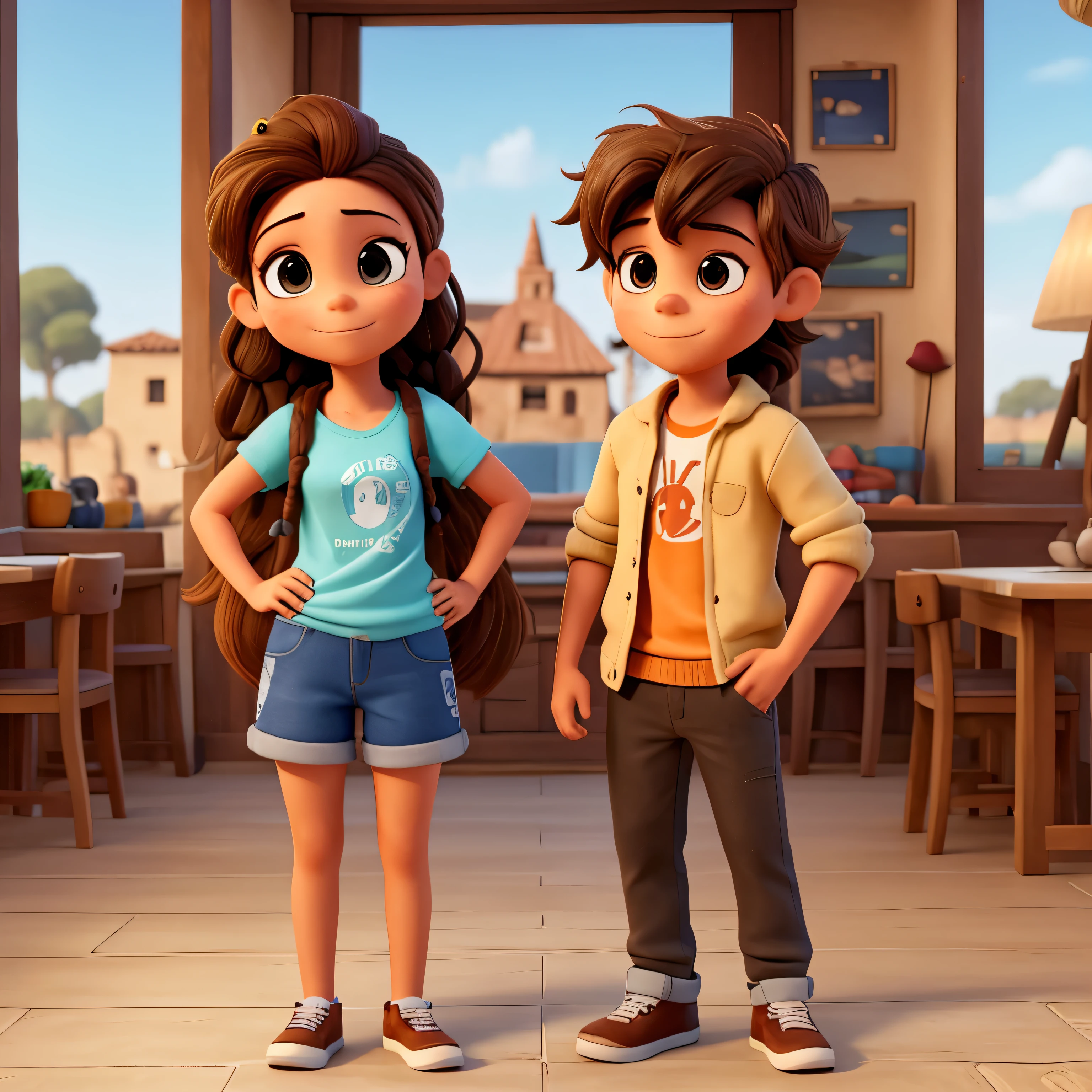 Draw a drawing of a couple where only the boy appears from the torso upwards. Make him with a cap where his hair is a little wavy and make the girl with loose braids.