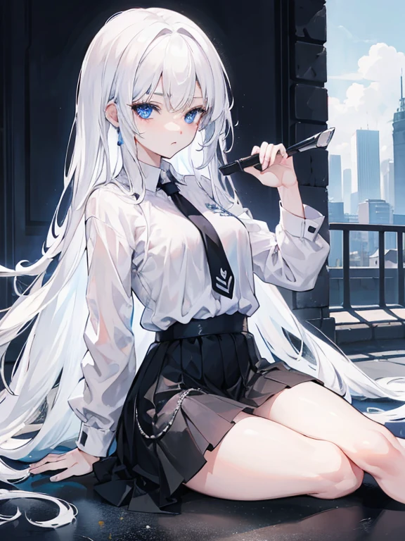 1girl,1man, long white hair, blue eyes, black skirt, looking at viewer, ultrasharp, 8k, masterpiece, absurbres, wearing plain white shirt, city, sitting, dick in pussy, ahegao