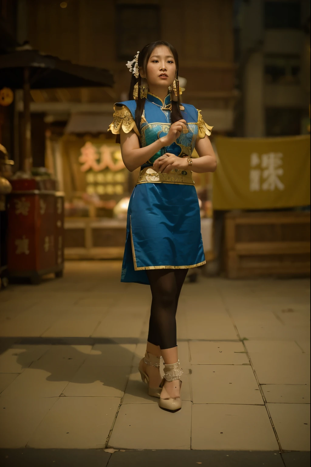 (Best quality, 8k, 32k, Masterpiece, UHD:1.2) Transform the scene into the bustling Shopping District of Taiping Road, Chun-Li's iconic stage from the Street Fighter series. Picture a lively street lined with colorful storefronts, adorned with vibrant signs and banners. Capture the energy of the crowd as shoppers bustle about, browsing through the eclectic array of shops and vendors. Incorporate elements of traditional Chinese architecture, with ornate rooftops and decorative lanterns adding to the vibrant atmosphere. Infuse the scene with the sounds of street vendors hawking their wares and the chatter of passersby, bringing Chun-Li's stage to life in all its bustling glory.