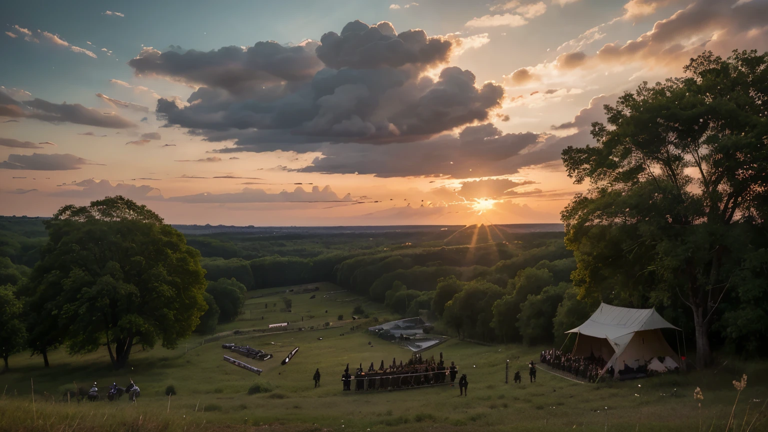 Campal battle, fighting battalions, several soldiers, infantry, Valentinas, year 1865, triple alliance against Paraguay, hyperreatist, photography, Sunrise, Clouds, in a forest valley in the background