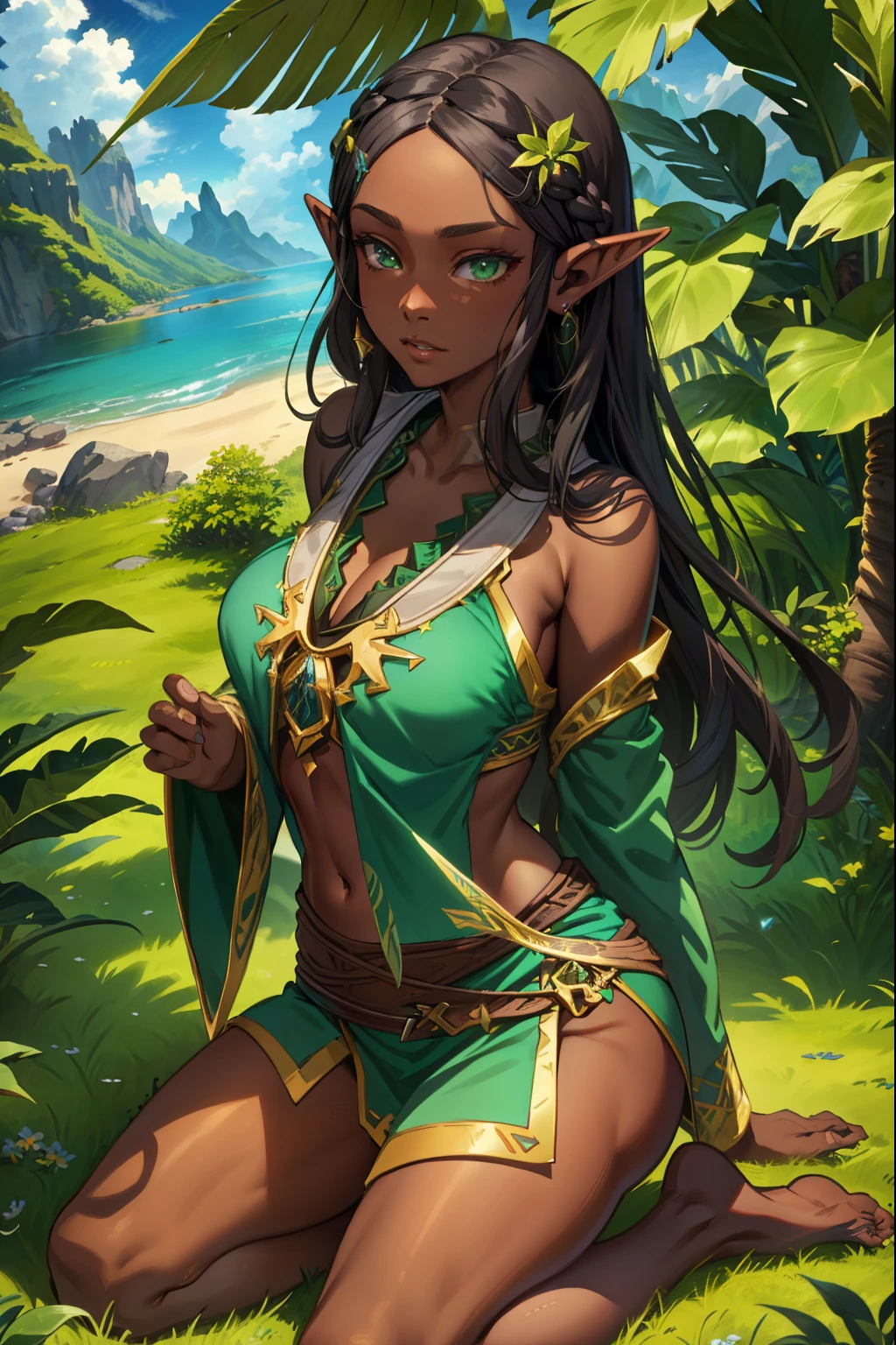 An illustrated movie poster, hand-drawn, full color, a young elven girl, elf, wearing a leaf-covered bikini, warm brown complexion, sun-tanned skin, pointy elf ears, azure eyes, dark hair, long loose waves, waist-length hair, posing in a tropical swimming hole, hard shadows, graphite shading, stencil marks, airbrushed acrylic paint, masterpiece, in the style of Rockstar Games