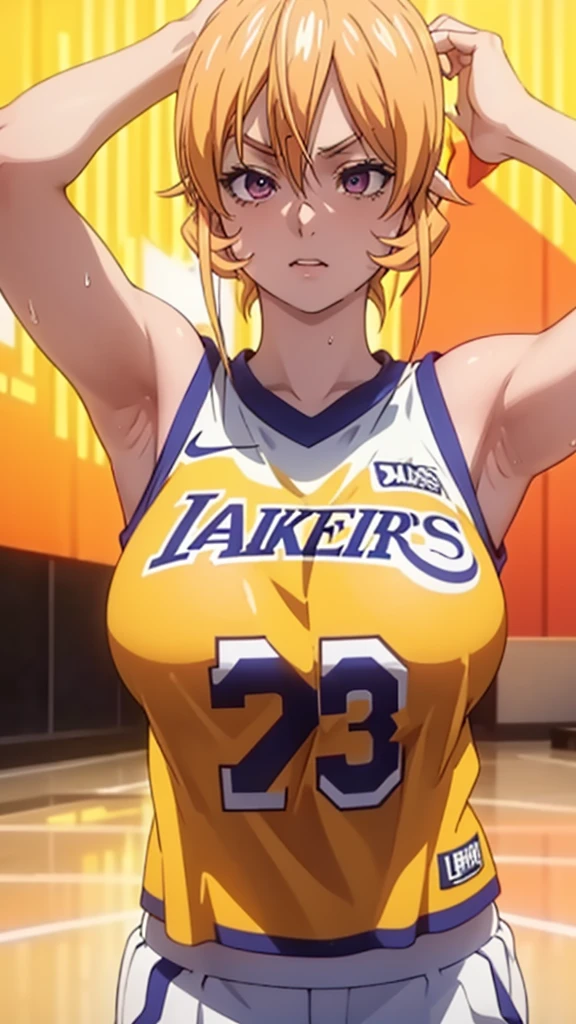 a close up of a person wearing a basketball uniform, a picture, inspired by Kentaro Miura, trending on pixiv, Nakiri Erina, Food Wars, wearing yellow nba jersey, yellow croptop nba jersey, wearing a low cut croptop, wearing croptop, croptop, the words "Lakers" written on the croptop, golden raito, (winking), shirobako, large)}], favorite scene, fine details. anime. skins, sweating, big breasts, both hands raised, armpits, armpits visible, dripping with sweat, more more sweat, sweaty armpits