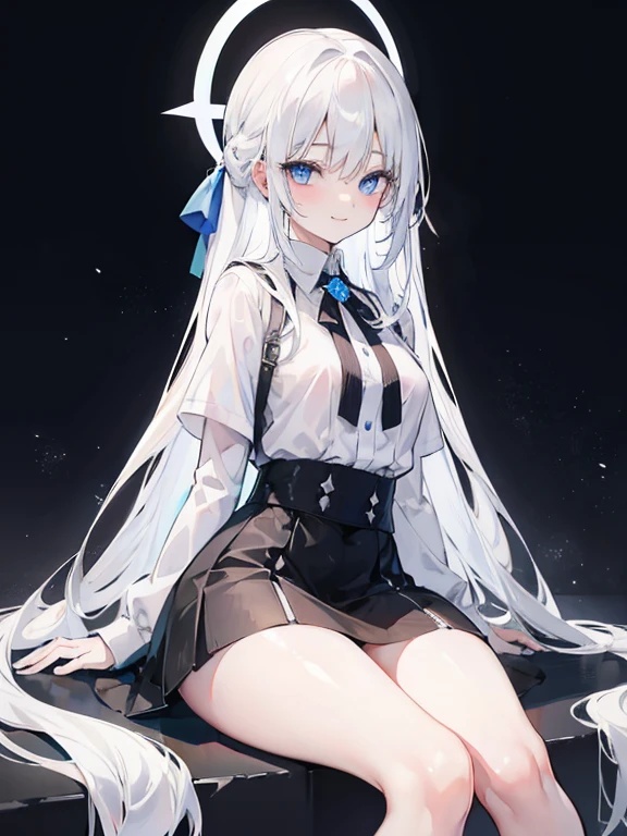 1girl, long white hair, blue eyes, black skirt, looking at viewer, ultrasharp, 8k, masterpiece, absurbres, wearing plain white shirt, city, sitting, smiling, NSFW, dick in pussy, ahegao