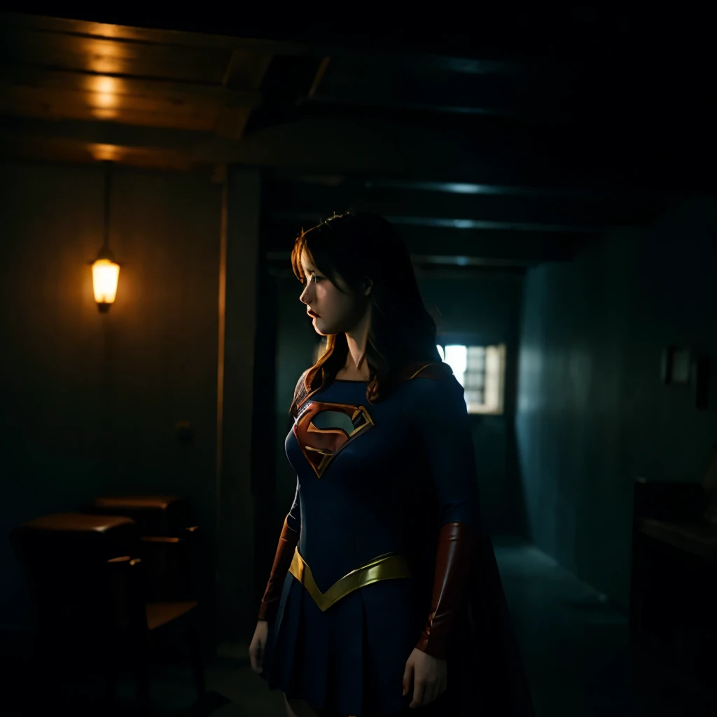 Supergirl Enters a Haunted House、Dark indoors、spiderweb、broken furniture、Old furniture、bat、Supergirl descends into the basement、