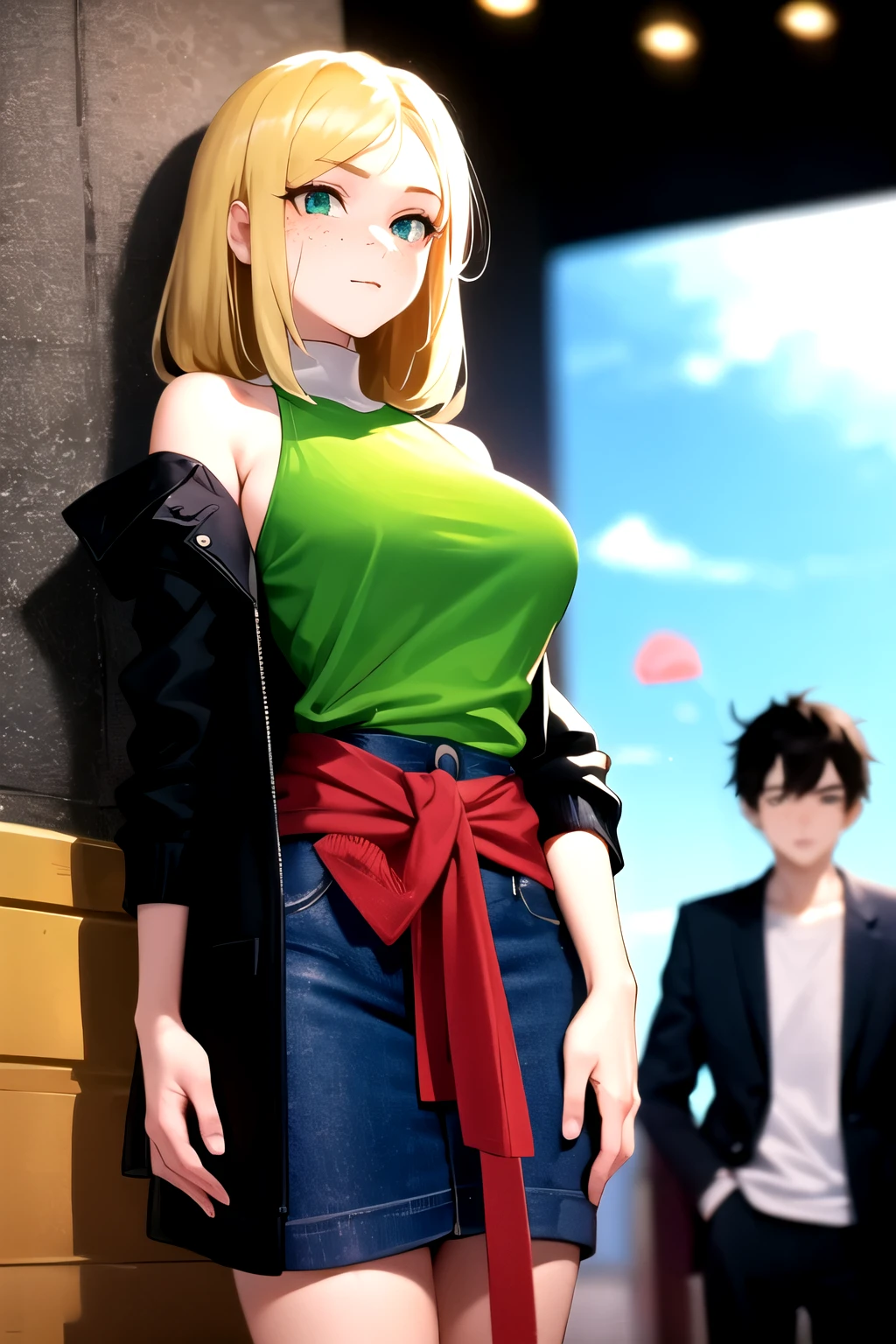 ((melhor qualidade)), ((obra de arte)), (detalhado), rosto perfeito
boy and a girl boyfriend almost in front of panel wall, an 18-year-old girl with shoulder-length blonde hair and blue eyes and light freckles wearing grunge clothes, and a light-skinned 18-year-old boy with black hair black short and green eyes wearing american football team coat