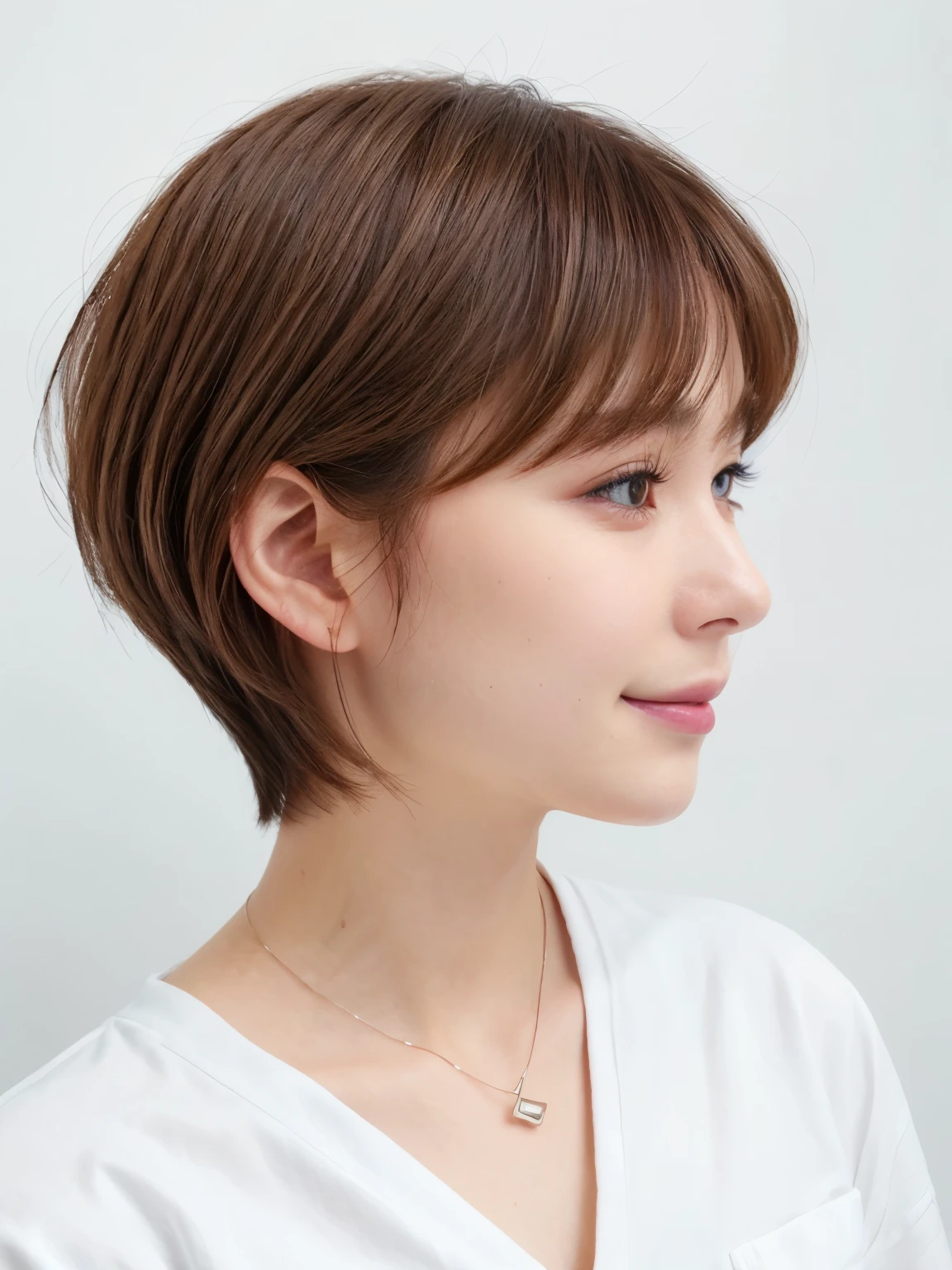 Tabletop、White wall、Taken in front of a white door、おしゃれなSpring Clothes、(8k、Live Shooting、highest quality、masterpiece:1.2)、High-quality RAW color photos、Professional photos、(Genuine、フォトGenuine:1.37)、Photographed in natural light、1 girl、怠惰なsmile、(Various poses)、Spring Clothes、Simple Necklace、(Beautiful profile:1.3)、Don'Don't look at the camera、profile、Shortcuts、((Brown Hair))、short hair、The eye color is dark brown、(Beautiful profile:1.3)、Correct hand of human body、Look Down、Fluffy hair、smile