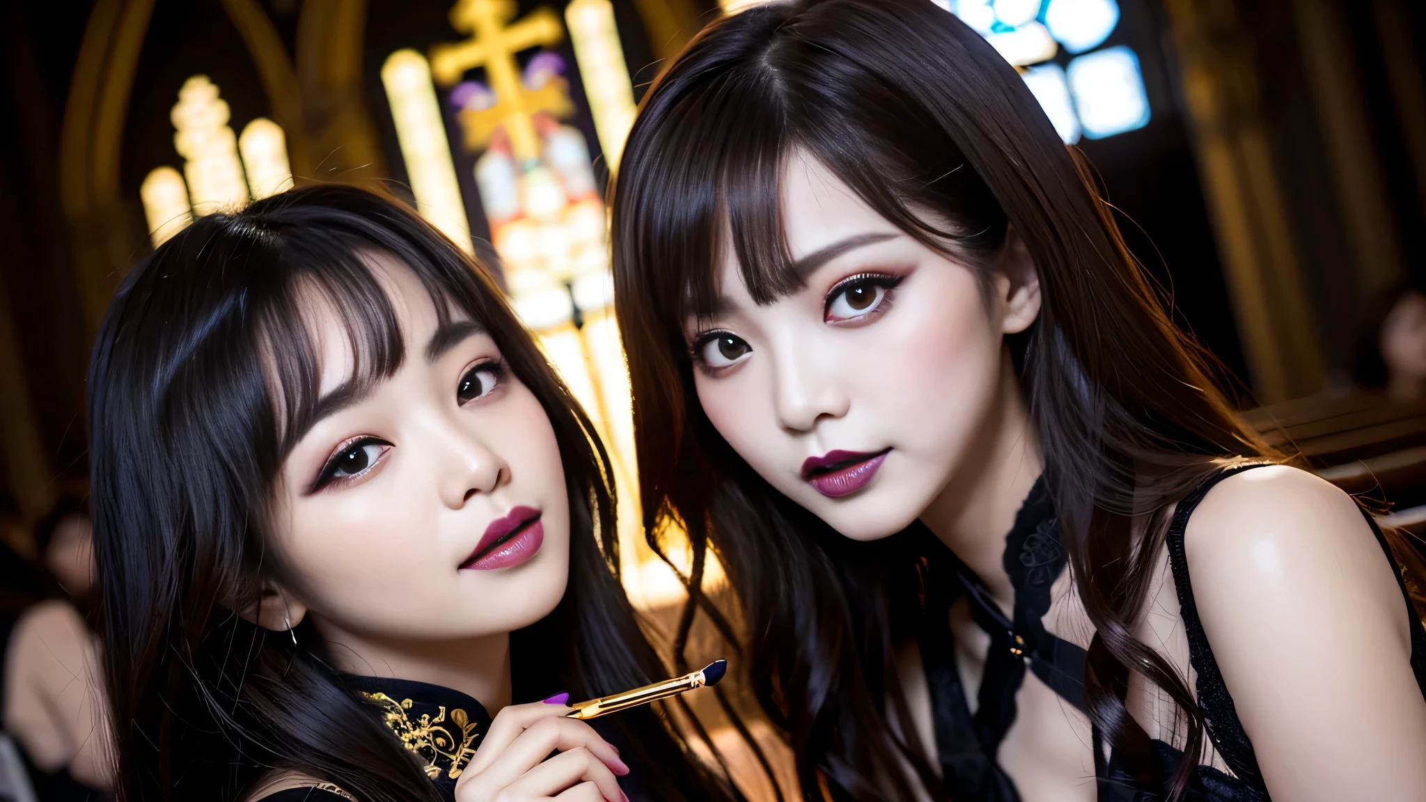 2girls、best quality、ultra-detailed、4k、Japanese、Seductive beauty、seductive adult woman、Pretty Woman、cool girl、Villainess、Brainwashed、brainwash、Fallen into evil、smirk、Evil look、Wicked Smile、evil、Brown hair、wavy hair、swept bangs、dark makeup、dark makeup、piercing eyes、hollow eyes,half-closed eyes、Hollow Eyes、purple Eyeshadow、black lipstick、black lipglos、Black and Gold Long Cheongsam、night、inside church、Applying lipstick