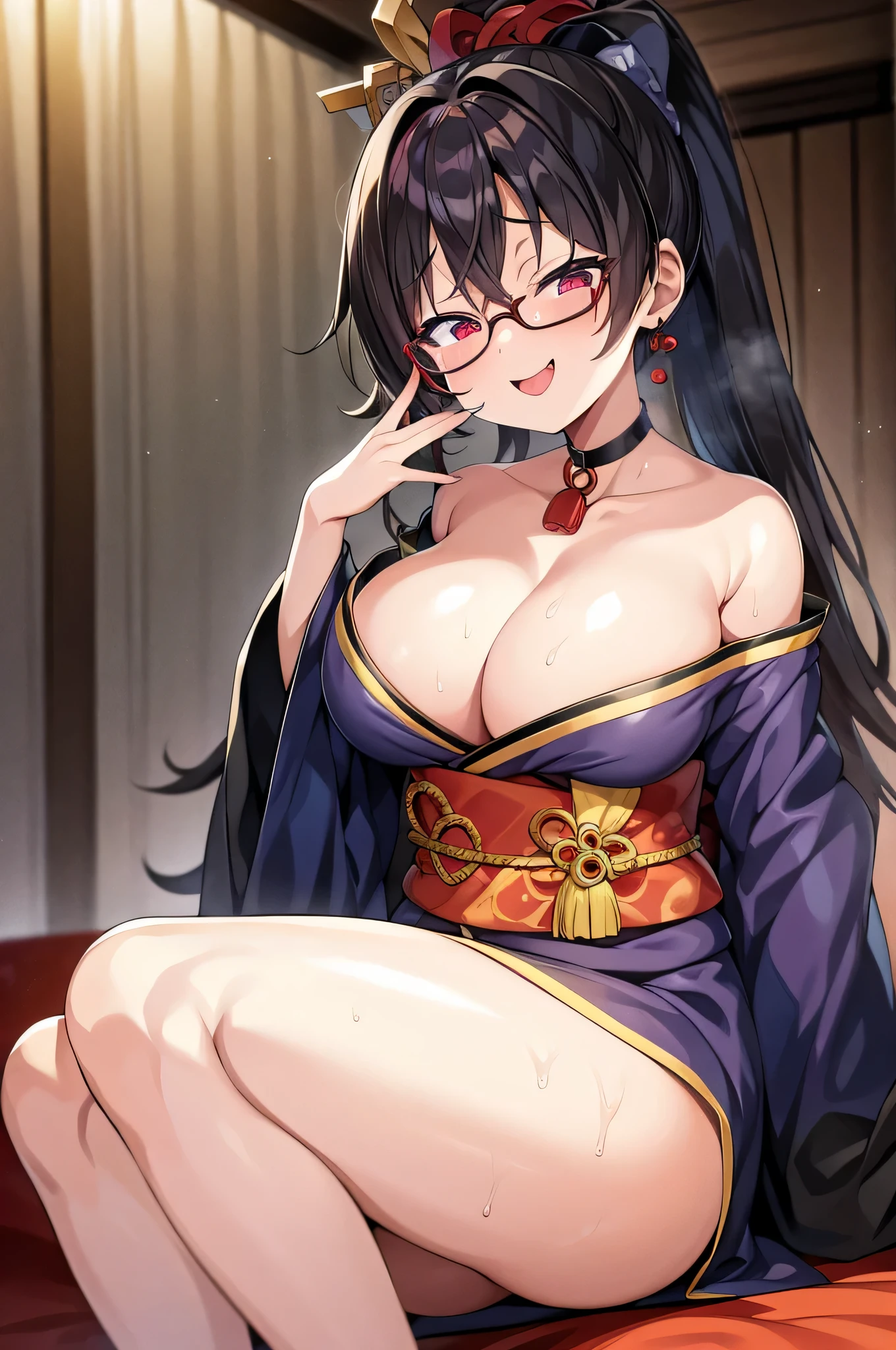 masterpiece、highest quality、1girl , solo , huge breasts、deep cleavage、light green hair、ponytail、brightly colored eyes、red eyes、black glasses、japanese green kimono、long hakama、flashy necklace、charm、Wet、face turns red, very sweaty, dynamic pose、Lying on the futon、Headphones worn around the neck、flashy hair ornament、mesugaki、shrine