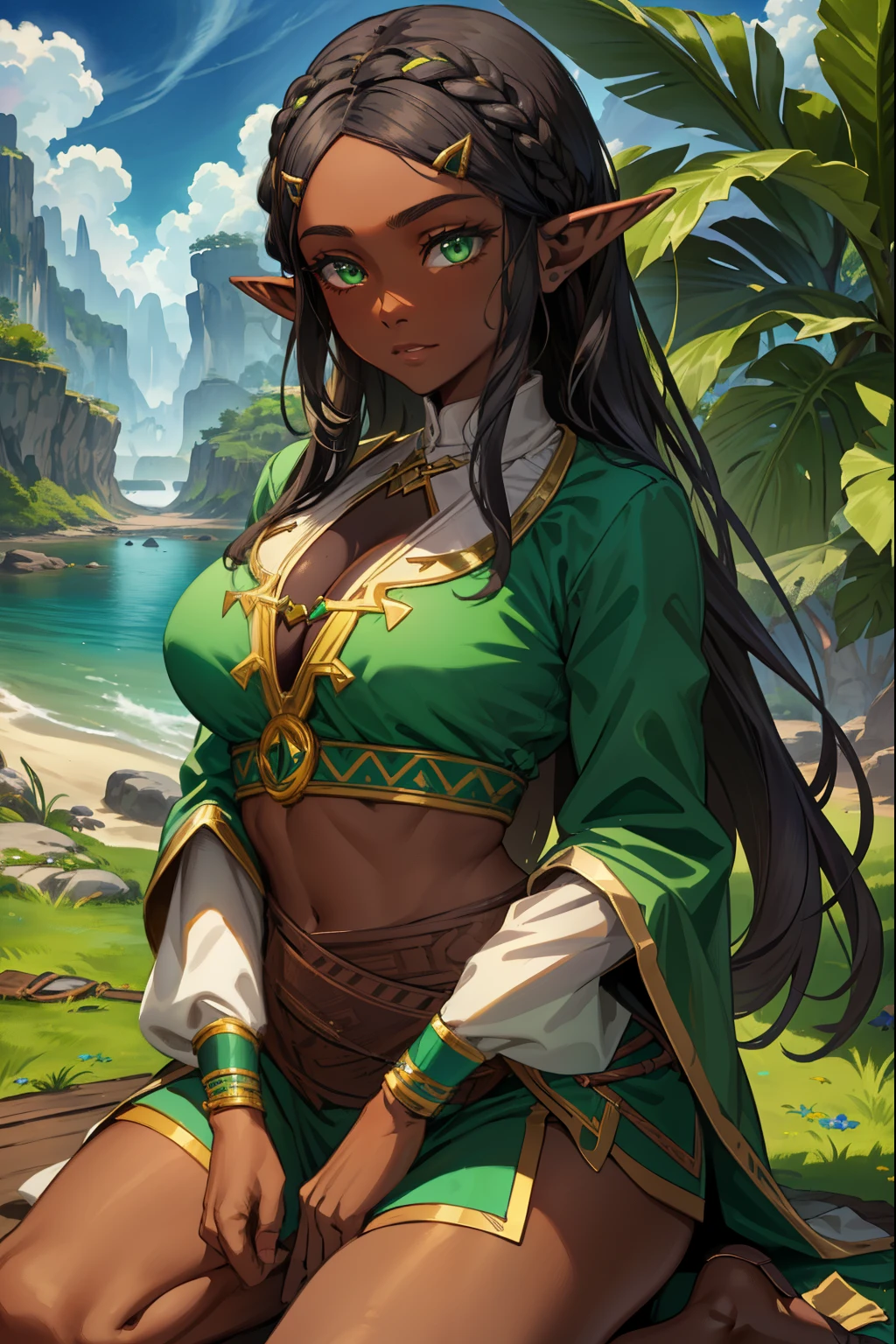 aazelda, long hair, pointy ears, dark skin, Green eyes, Seiza, (extremely detailed CG unity 4k wallpaper),(masterpiece),(best quality),(ultra-detailed),(best illustration),(best shadow),(absurdres),(detailed background), Tropical island, Native girl, Black hair, Tribal outfit, 