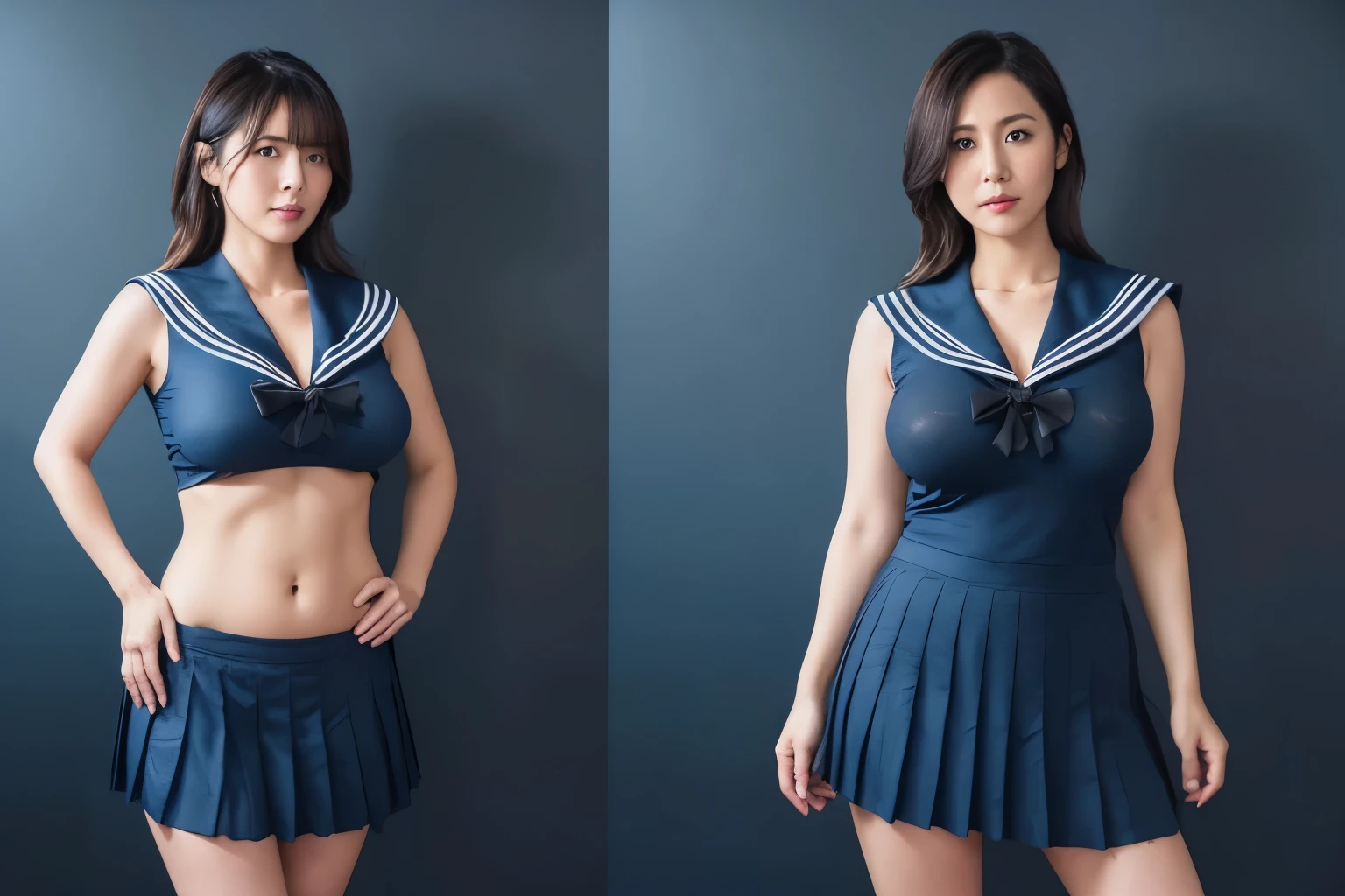 Distant view, Polaroid, out of focus, Dark Lighting, dark atmosphere, best quality, masterpiece, ultra high res, photo realistic, (((Blue background))), Two MILFs stand side by side, Full body image of 60 old Japanese prostitute, stand upright, facing the center of the screen, Pose that shows your belly button, bra-less, ((Sleeveless and see-through sailor suits)), (very short See-through pleated skirt), (((black collar))), big and round hips, sensual body, huge breasts :1.5, and saggy breasts:1.5, curvy hourglass figure, A look of shame and tears, (((Perfect Anatomy)))
NSFW
