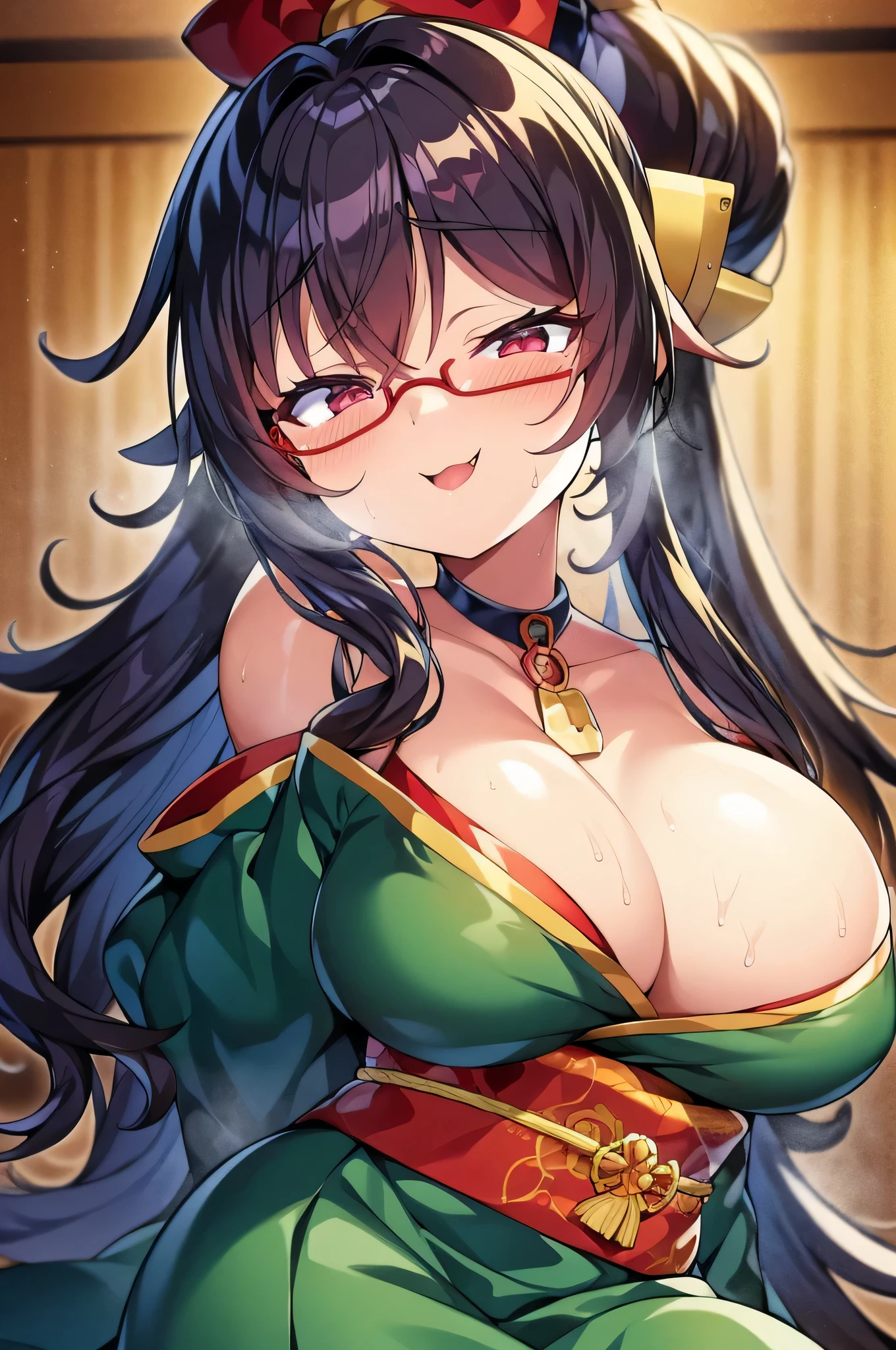 masterpiece、highest quality、1girl , solo , huge 、deep cleavaggreen hair、ponytail、brightly colored eyes、red eyes、black glasses、japanese green kimono、long hakama、flashy necklace、charm、Wet、face turns red, very sweaty, dynamic pose、Lying on the futon、Headphones worn around the neck、flashy hair ornament、mesugaki、shrine