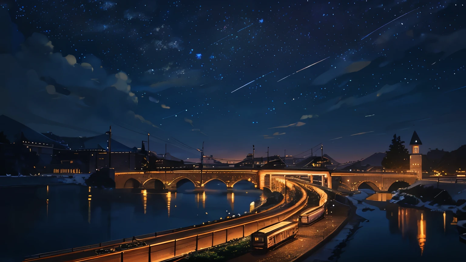 masterpiece, Animated train passing through water on the tracks, Bright starry sky. Romantic Train, Makoto Shinkai's picture, Pixiv, Concept Art, Lofi Art style, reflection. by makoto shinkai, Lofi Art, Beautiful anime scene, Anime scenery, Detailed Landscape — Width 672, in Makoto Shinkai's Style, Makoto Shinkai's Style, Enhanced Details.