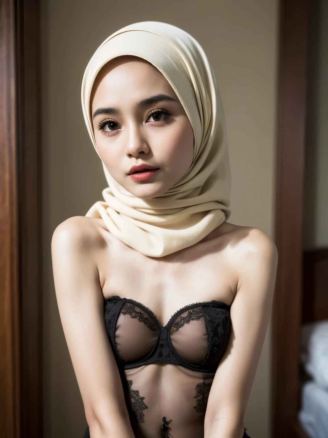 ((Half body photoshot)), Very Thin body (Wearing Strapless Lingerie), (((HIJAB MALAY GIRL))), masutepiece, High quality, UHD 32K, Realistic face, Realistic skin feeling , A Malay Lady, , , Very cute and baby-like face, (((FLAT CHEST))), (MATRIX WORLD), ((look In front at the camera and SADNESS)), ((())), (((CUTE GIRL))), ((BROWN LIPS)), ((BROWN)), (undress). WEAR BRA LINGERIE, green, red, yellow, lace
