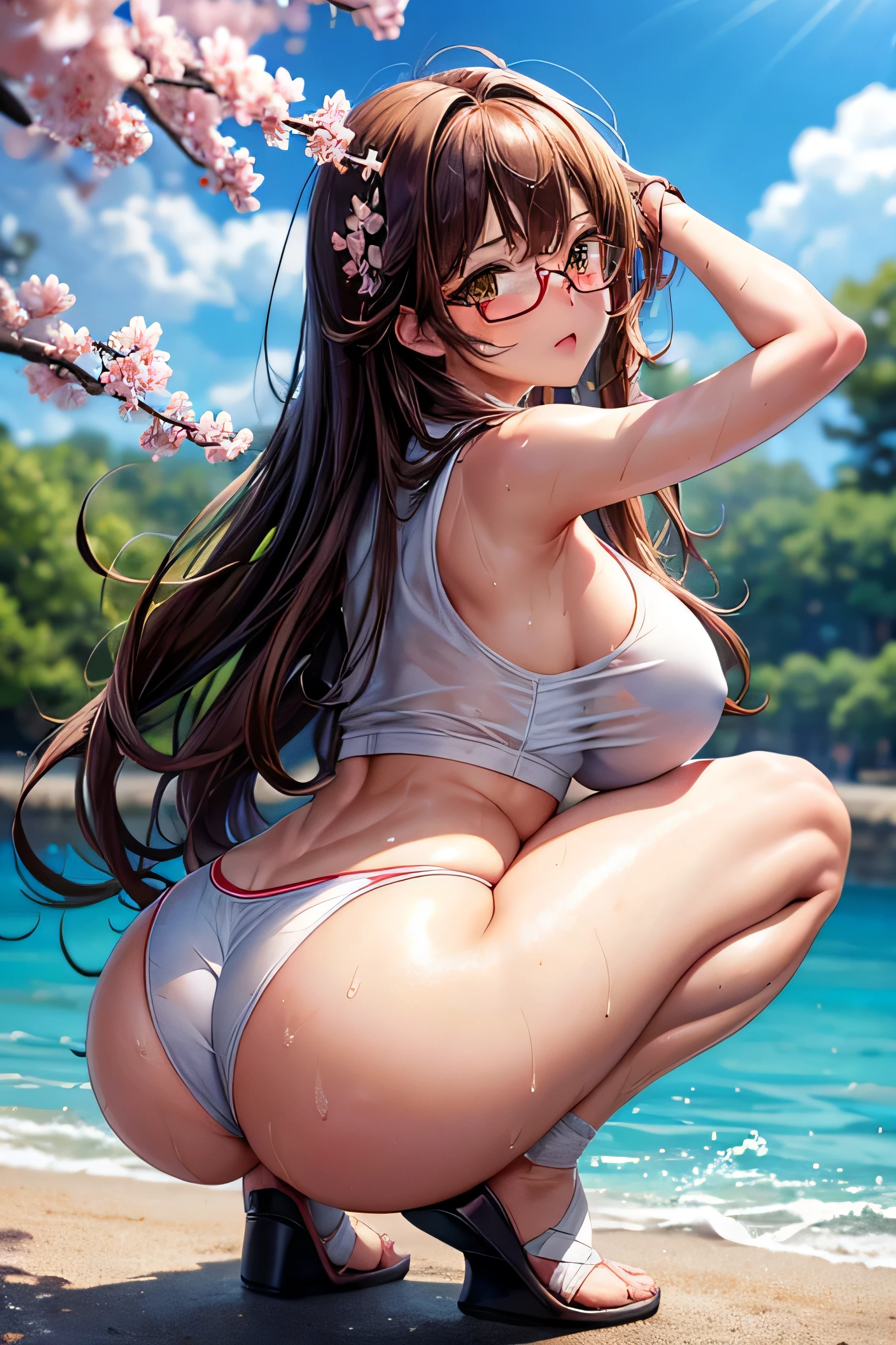 High resolution, high quality, 1 girl, Anime Girls,(Fill your stomach), Brown long hair, Brown eyes, Green glasses, Sunburned skin, Large Breasts, (Big Ass),Beautiful ass,sweat,wet,Embarrassed,miko,arms behind head,squatting,open legs,(water),cherryblossom,