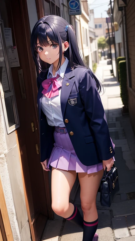 Glasses、(((spread legs)))、uniform blazer、(Panty shot)、、Beautiful girl magician、purple hair long、((whole body))、(((photo taken from below)))、school gate