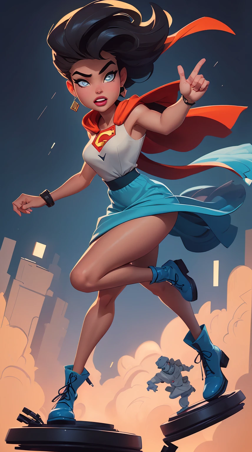 superchica,hermoso,dark complexion,pelo rubio,chica americana,volando en el cielo,por Bob Byerley,por Charlie Bowater,por Ko Young Hoon,Antecedentes de la ciudad de Nueva York,classic 40s look,(mejor calidad,4k,8k,high resolution,Obra maestra:1.2),ultra detallado,(realista,photorealista,photo-realista:1.37),Oil painting,Calidad de imagen similar a la del trabajo de un maestro.,HD,detalles impresionantes,professional lighting,vivid colors,bokeh,powerful superheroine,confident expression,flotando con gracia sobre la ciudad,classic american comic style,Sharp focus,con un fuerte sentido del movimiento, Dynamic and captivating,striking and energetic.