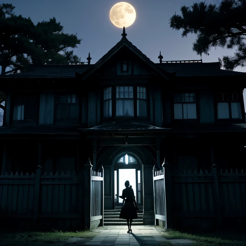 Haunted house、Old Western-style building、Decaying、Full moon night、bat、Supergirl standing in front of a mansion、Close-up of face、