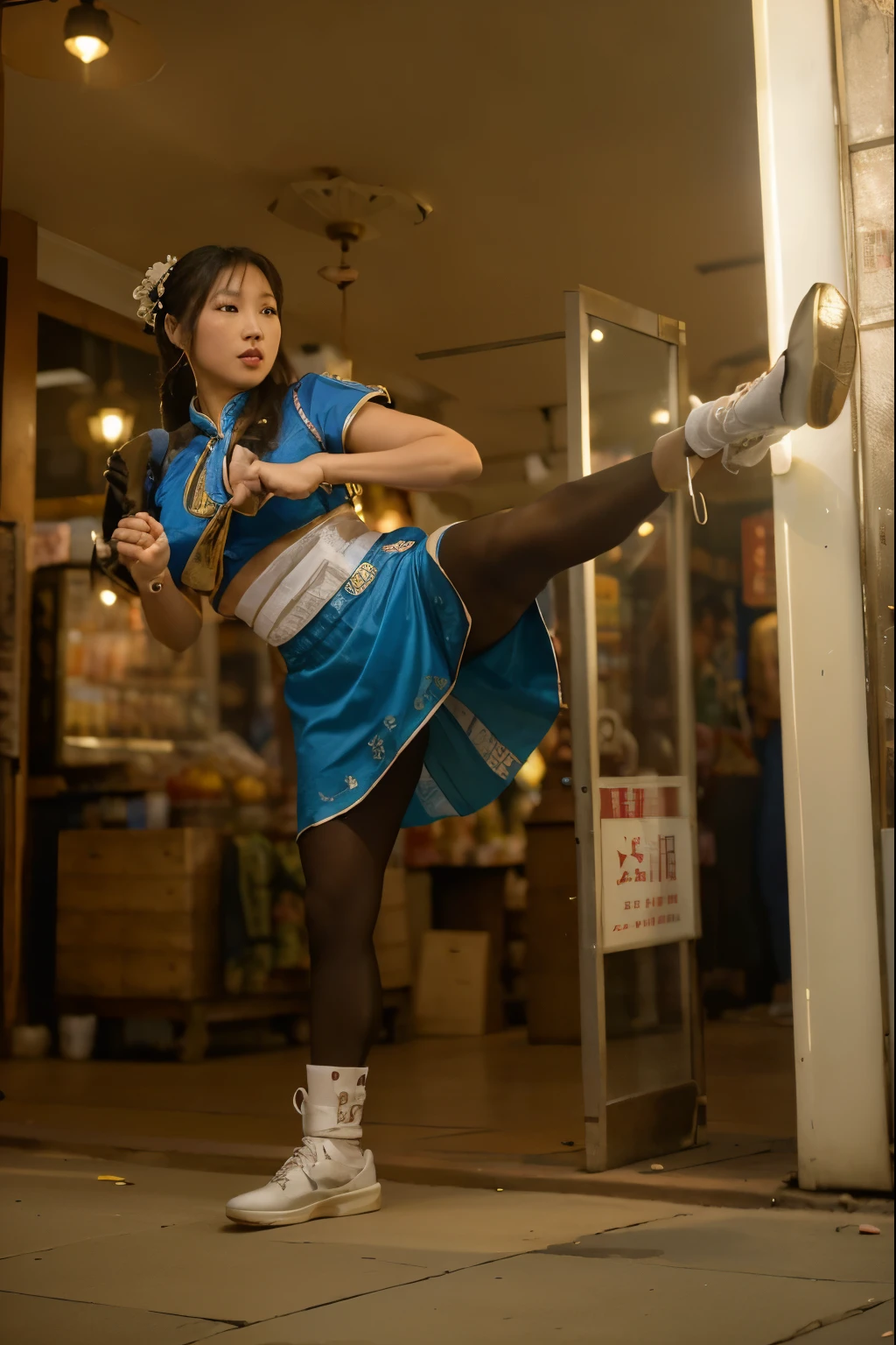 (Best quality, 8k, 32k, Masterpiece, UHD:1.2) Transform the scene into the bustling Shopping District of Taiping Road, Chun-Li's iconic stage from the Street Fighter series. Picture a lively street lined with colorful storefronts, adorned with vibrant signs and banners. Capture the energy of the crowd as shoppers bustle about, browsing through the eclectic array of shops and vendors. Incorporate elements of traditional Chinese architecture, with ornate rooftops and decorative lanterns adding to the vibrant atmosphere. Infuse the scene with the sounds of street vendors hawking their wares and the chatter of passersby, bringing Chun-Li's stage to life in all its bustling glory.