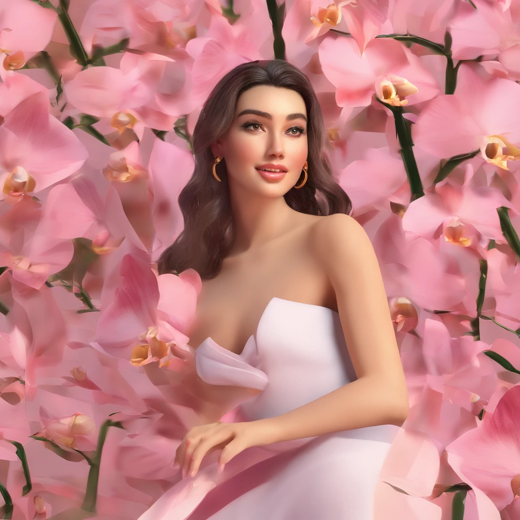 Mulher 3D cabelo ondulado curto preto olhos castanhos levemente puxados com oculos transparente redondo pequeno em pe de maquiagem brinco, bracelet and necklace wearing a beautiful white dress with pink on the skirt part of 3D pink orchid with beautiful scenery.