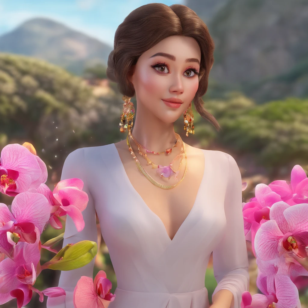 Mulher 3D cabelo ondulado curto preto olhos castanhos levemente puxados com oculos transparente redondo pequeno em pe de maquiagem brinco, bracelet and necklace wearing a beautiful white dress with pink on the skirt part of 3D pink orchid with beautiful scenery.