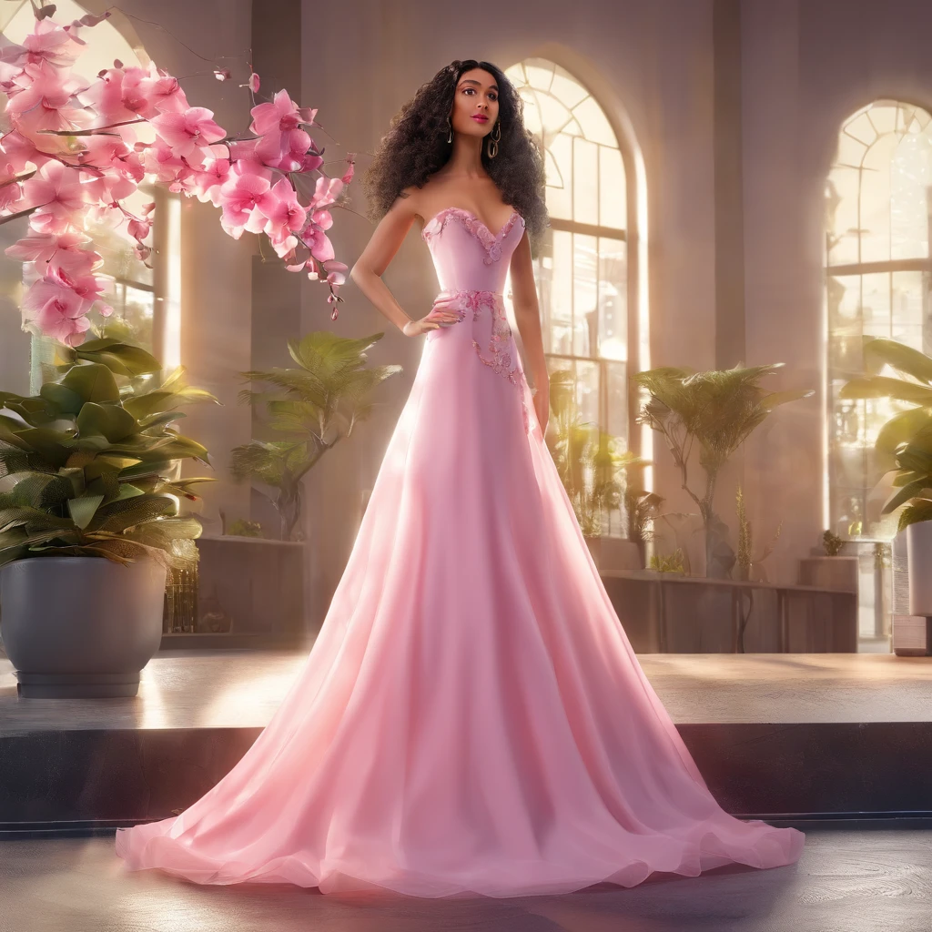 Mulher 3D cabelo ondulado curto preto olhos castanhos levemente puxados com oculos transparente redondo pequeno em pe de maquiagem brinco, bracelet and necklace wearing a beautiful white dress with pink on the skirt part of 3D pink orchid with beautiful scenery.
