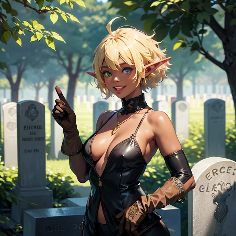 High resolution, Sharp focus, pixiv's masterpiece, ((Intricate details)), Very detailed, Pointed Ears, Heterochromia, solo, Blonde, gloves, Laughter, Green Eyes, blue eyes, Ahoge, Look at the viewers, One Girl, short hair, (Brown gloves, Elvish, Dark skin、In the background is a large grave、Adult Rupheus、E Cup、