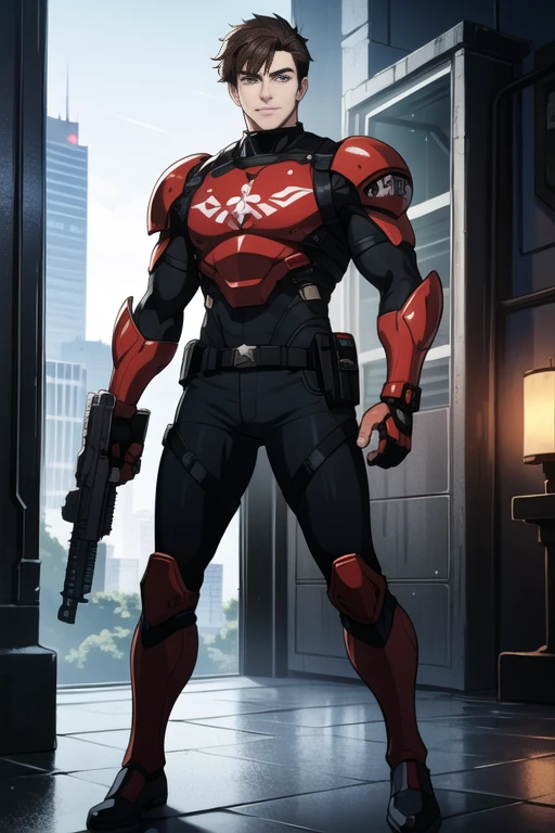 Mox Borden, ((best quality)), ((Masterpiece)), (detailed),((male,)) perfect face mox has brown hair,
cyberpunk, red tactical suit, red armor, red waist, white big symbol on the chest,
a gun in each hand, swat, tactical pants black, it's a man, ((male,)) young man,
has two futuristic guns in each hand, police, futuristic lightweight armor,
cute hair, black boots, solo, black belt, anime hair, green eyes, holster,