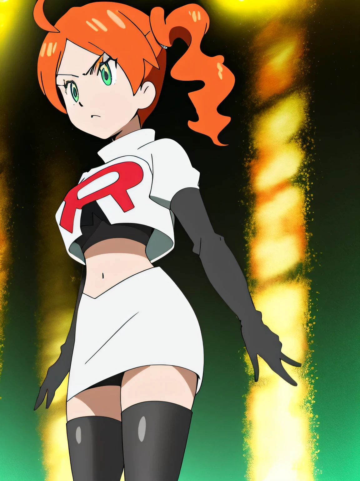(best quality,4k,8k,highres,masterpiece:1.2),ultra-detailed,realistic,photorealistic:1.37, vibrant colors, studio lighting, bokeh, portrait,team rocket, team rocket uniform, red letter R,white skirt, white crop top, black thigh-high boots, black elbow gloves,zettai ryouiki glaring angrily,anime style, vivid colors, sharp focus, intense lighting,1girl, solo ,sonia, side ponytail,orange hair, heart hair ornaments, aqua eyes ,glossy lips, earings