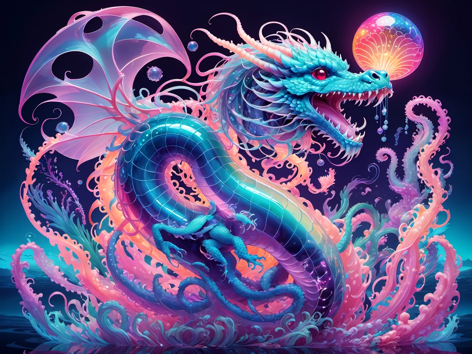 Pop art style fantasy creature,jellyfish + dragon,水下dragon,Hybrids,8k,Beautiful Lights,Soon,The art of math,Intricate details,Negative Space,iridescent,. Vibrant colors, bold outlines, Pop culture theme, Sarcasm or kitsch