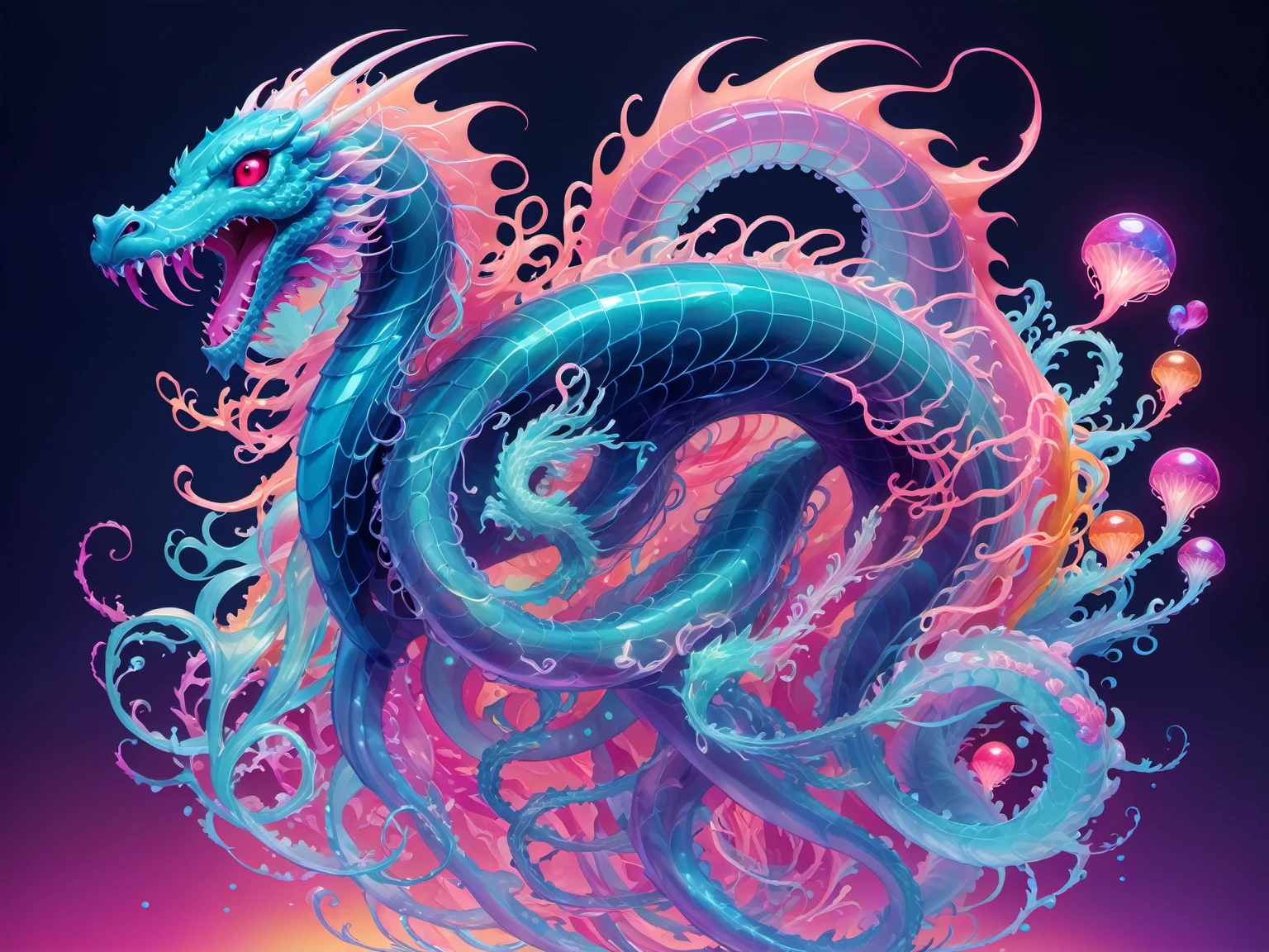 Pop art style fantasy creature,jellyfish + dragon,水下dragon,Hybrids,8k,Beautiful Lights,Soon,The art of math,Intricate details,Negative Space,iridescent,. Vibrant colors, bold outlines, Pop culture theme, Sarcasm or kitsch