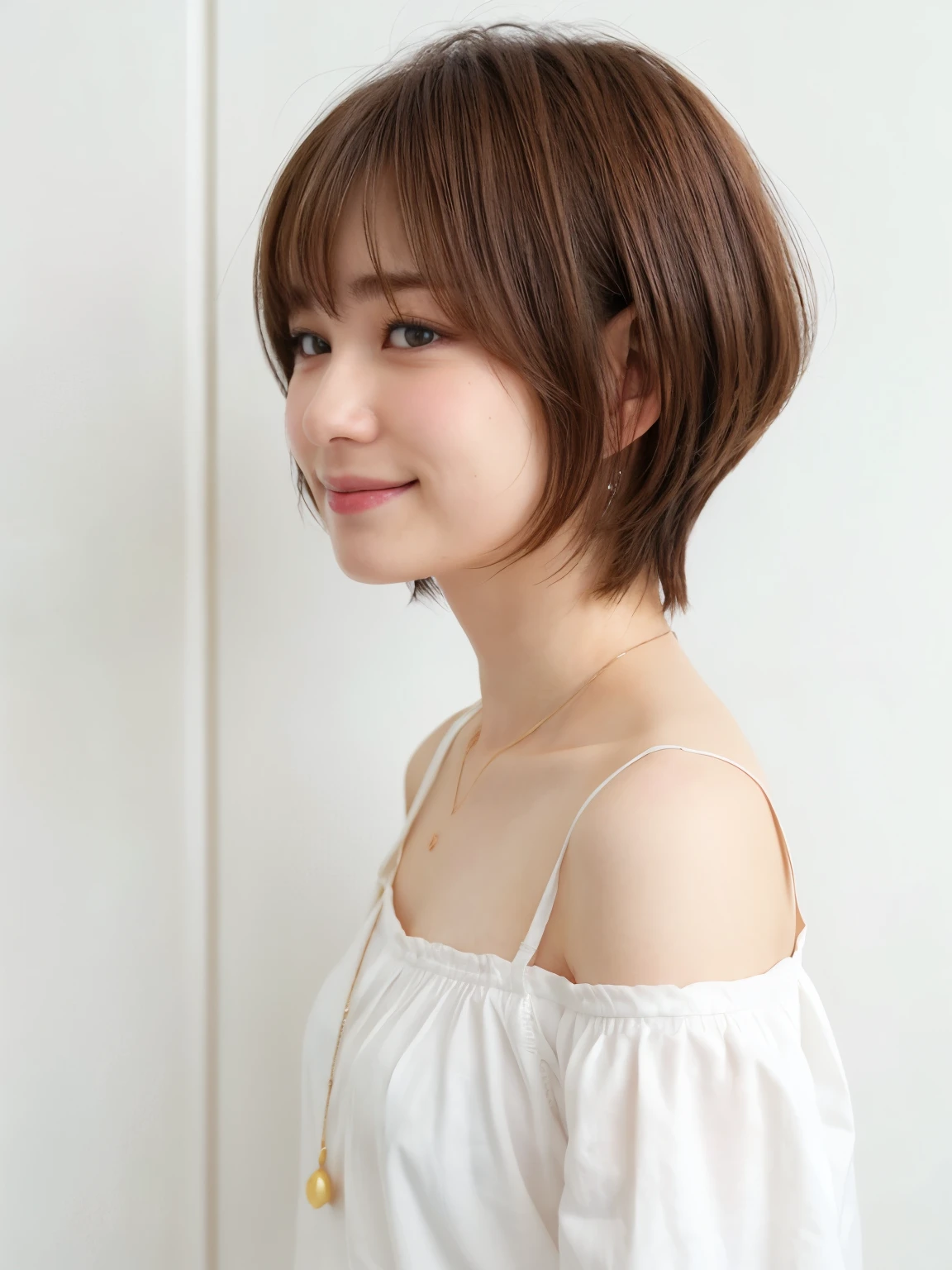 Tabletop、White wall、Taken in front of a white door、おしゃれなSpring Clothes、(8k、Live Shooting、highest quality、masterpiece:1.2)、High-quality RAW color photos、Professional photos、(Genuine、フォトGenuine:1.37)、Photographed in natural light、1 girl、怠惰なsmile、(Various poses)、Spring Clothes、Simple Necklace、(Beautiful profile:1.3)、Don'Don't look at the camera、profile、Shortcuts、((Brown Hair))、short hair、The eye color is dark brown、(Beautiful profile:1.3)、Correct hand of human body、Look Down、Fluffy hair、smile