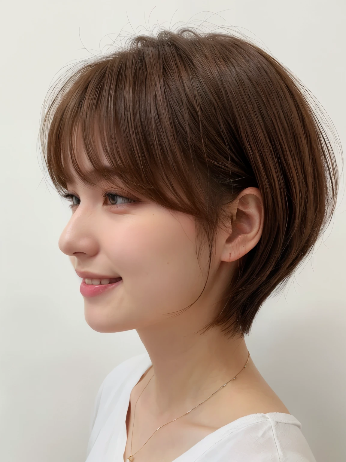 Tabletop、White wall、Taken in front of a white door、おしゃれなSpring Clothes、(8k、Live Shooting、highest quality、masterpiece:1.2)、High-quality RAW color photos、Professional photos、(Genuine、フォトGenuine:1.37)、Photographed in natural light、1 girl、怠惰なsmile、(Various poses)、Spring Clothes、Simple Necklace、(Beautiful profile:1.3)、Don'Don't look at the camera、profile、Shortcuts、((Brown Hair))、short hair、The eye color is dark brown、(Beautiful profile:1.3)、Correct hand of human body、Look Down、Fluffy hair、smile