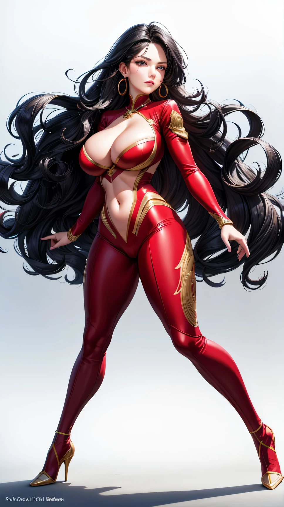 (best quality:1.5, highres, UHD, 4K, detailed lighting, shaders), black wavy haired, gradient hair, large breasts, red suit, red social long pants, mature woman , (pov), white background, colorful eyeshadow, dramatic lighting, sparkling eyes, sensual expression, golden earrings, flowing hair, delicate facial features, soft skin, high cheekbones, urban setting, white background, dont look for the camera, lean forward,